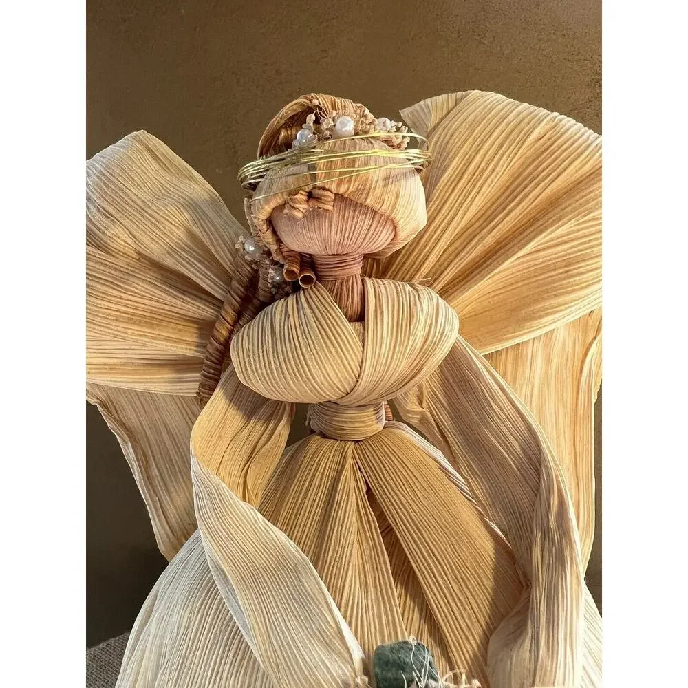 Large Corn Husk Angel with Floral Bouquet--Wedding?--American Folk Art